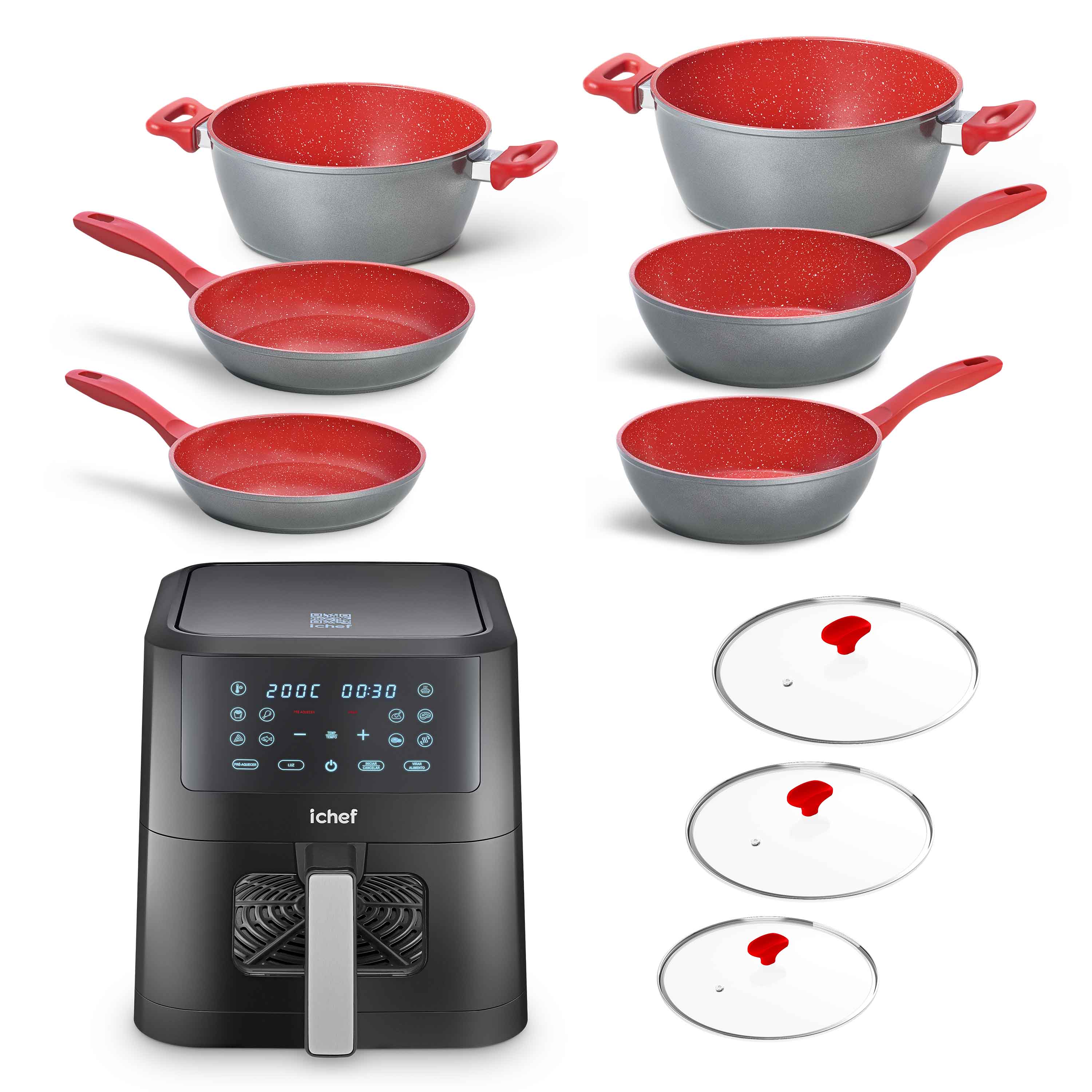 Super Combo Panelas Polishop 6 Panelas com 3 Tampas Vermelha e Ichef Airfryer Vision Smart 6L
