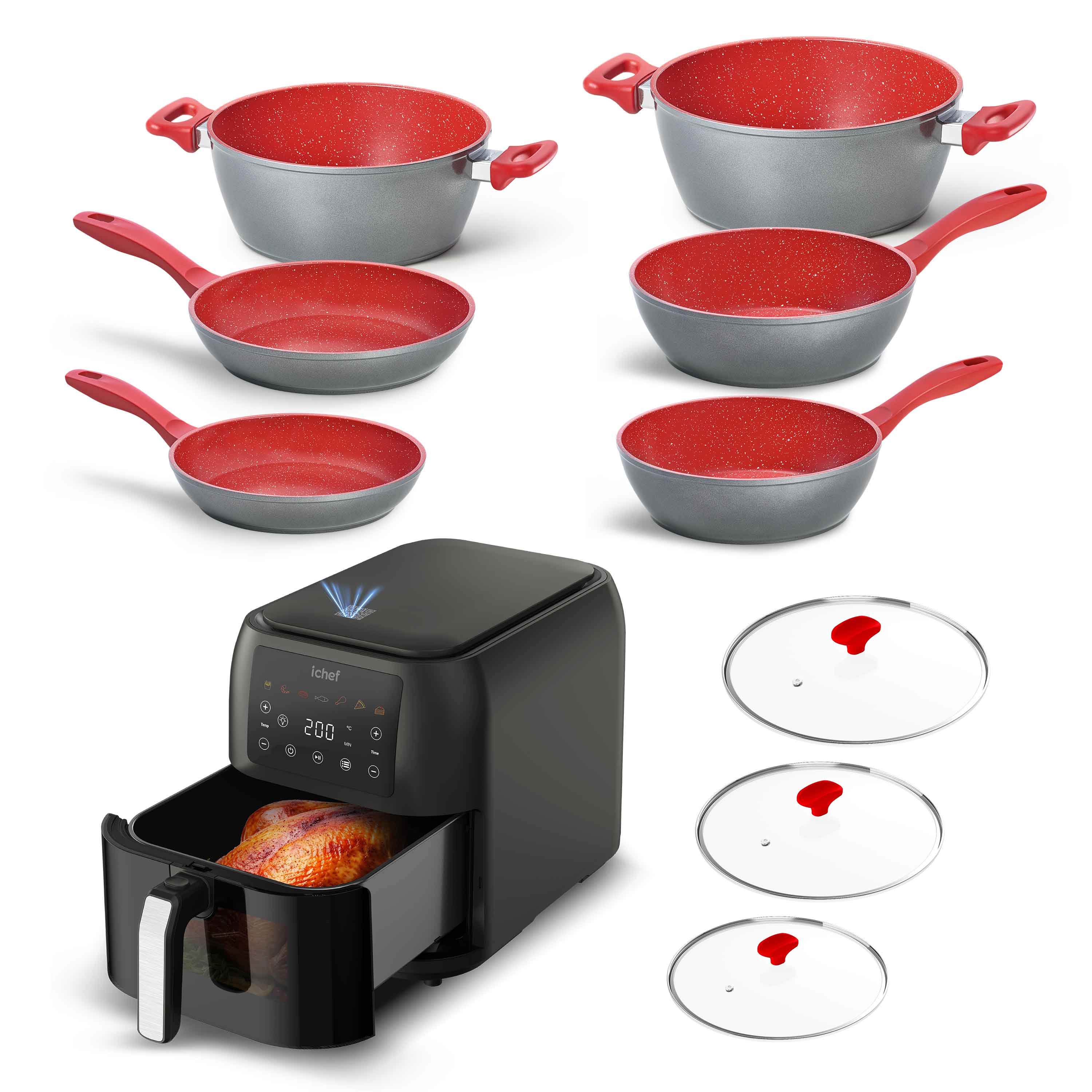 Super Combo Panelas Polishop 6 Panelas com 3 Tampas Vermelha e Airfryer Max Space 8L