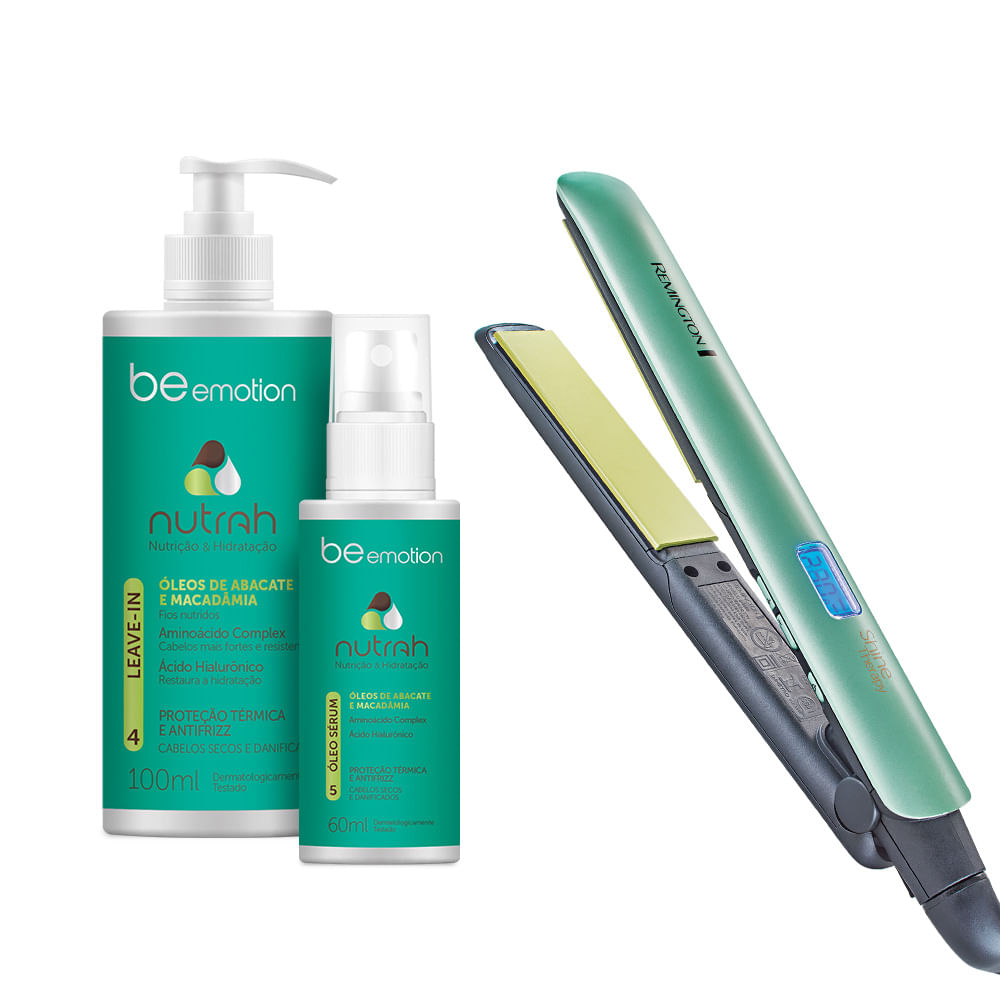 Prancha Shine Therapy 2x Remington + Leave-In + Óleo Sérum Nutrah Be emotion Menor preço em Prancha Shine Therapy 2x Remington + Leave-In + Óleo Sérum Nutrah Be emotion