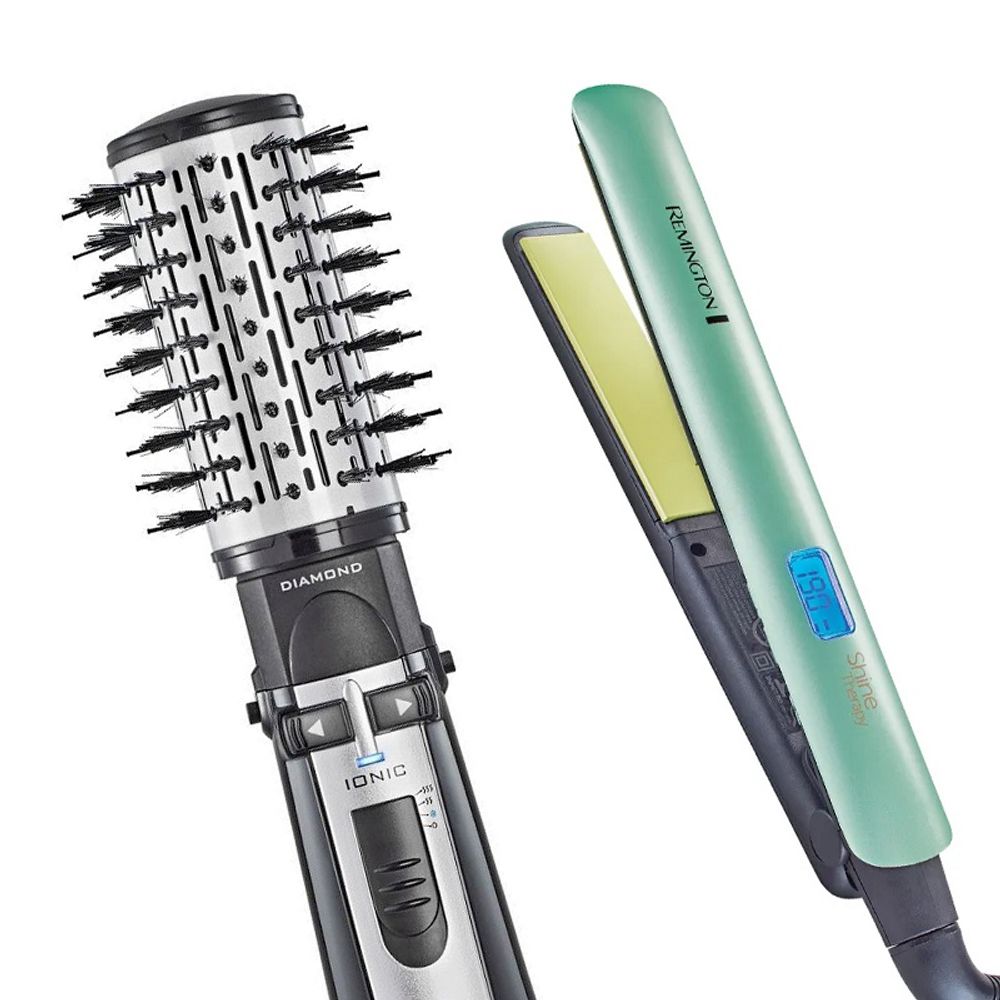 Escova Rotating Air Brush Diamond Brilliance Conair + Prancha Shine Therapy 2x Remington Menor preço em Escova Rotating Air Brush Diamond Brilliance Conair + Prancha Shine Therapy 2x Remington