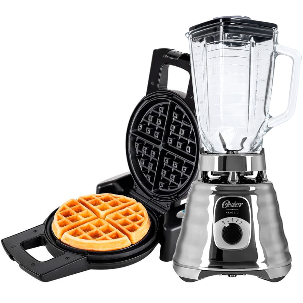 Kit Liquidificador New Osterizer Chrome e Máquina de Waffle Oster 110V