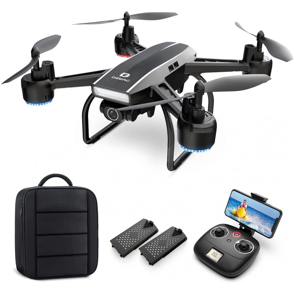 DEERC Drone com Câmera 2K Ultra HD FPV com Vídeo ao Vivo 2 Baterias Preto