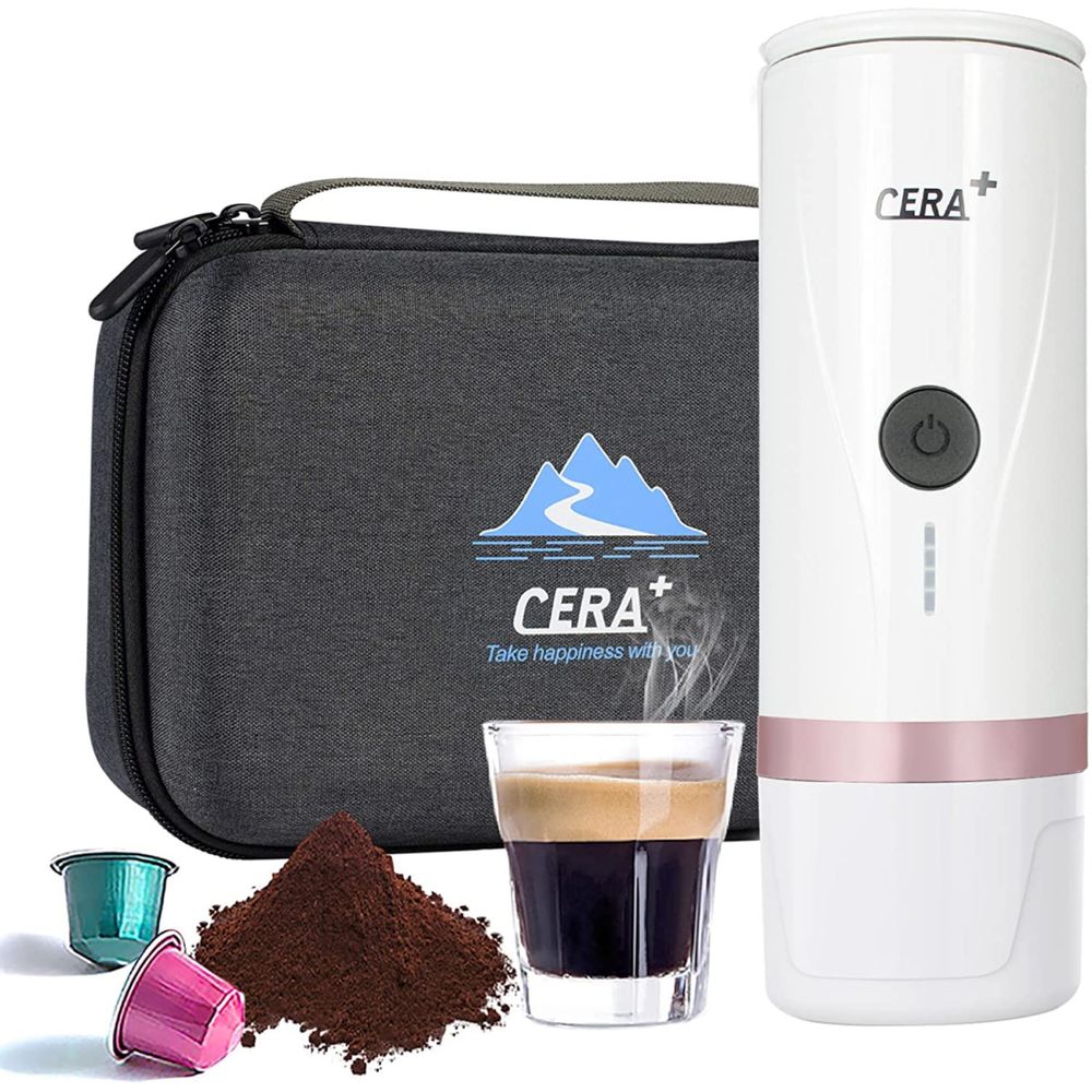CERA Mini Máquina de Café Portátil e Compacta Compatível Cápsula e Café Moído 80 mL Branca