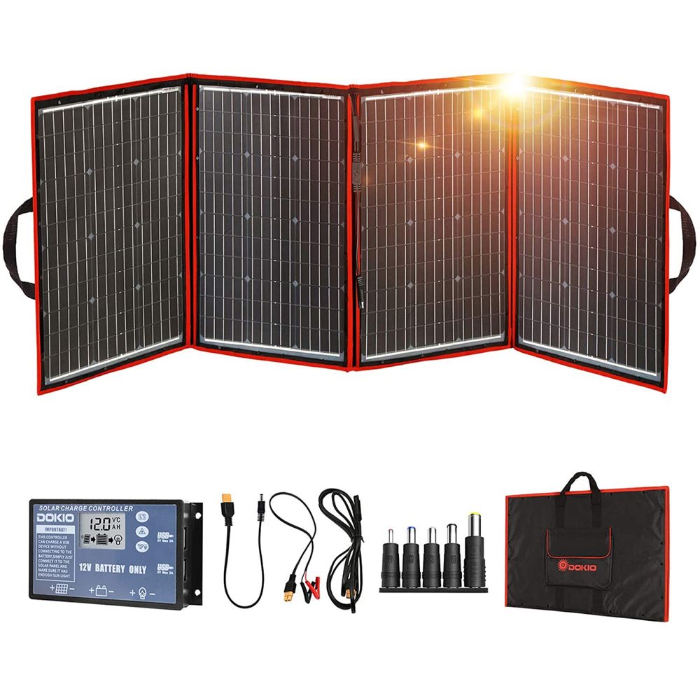 DOKIO Painel Solar Dobrável com controlador de carga e 2 saídas USB 220W 12V 1 unidade