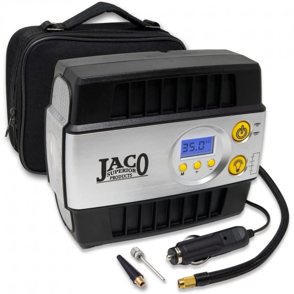 JACO Mini Compressor de Ar Eletrico Automotivo portatil 12V 100 PSI c luz LED e desligamento automatico