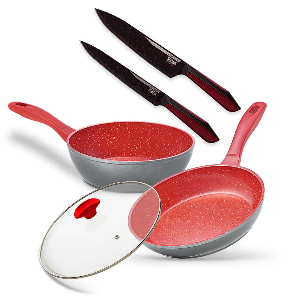 Panelas Polishop Sauté - Day By Day com Tampa Ichef 24cm e Conjunto de Facas Ichef Vermelha